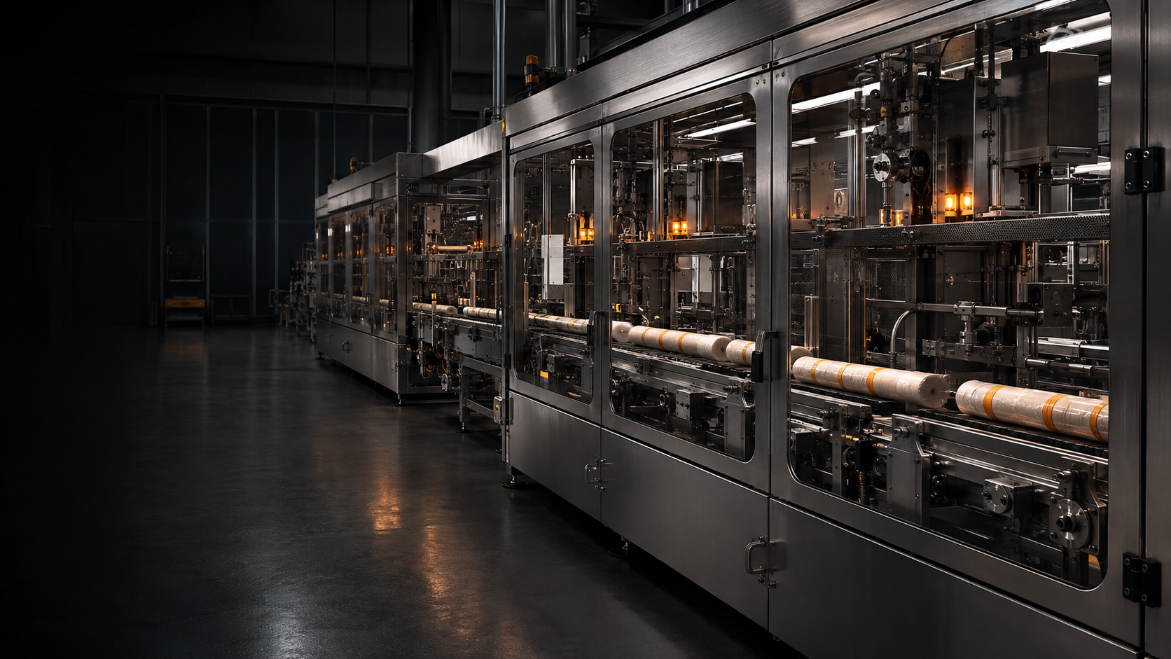 Illustrative production line with enclosed machinery and conveyors